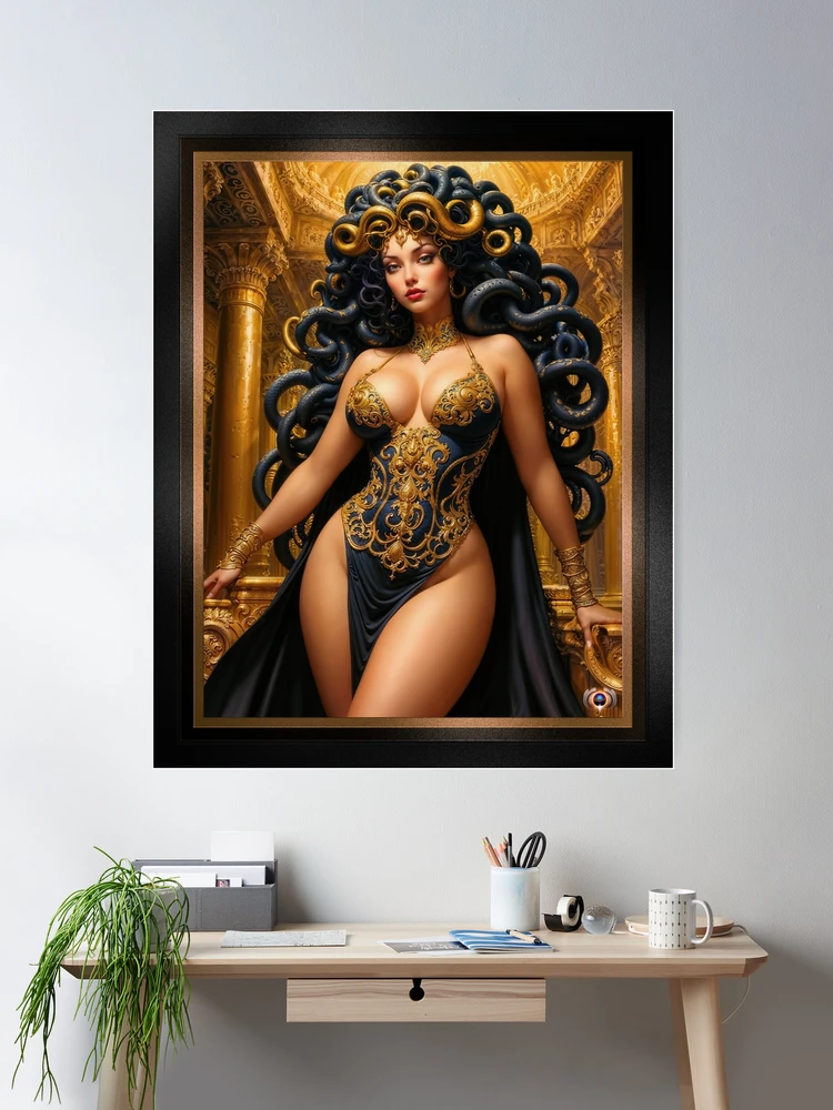 The Medusan Queen in Her Golden Palace Fantasy Art Pin-Up Girl Illustration AI Concept Art by Xzendor7- Her Mesmerizing Allure 2 The Medusan Queen in Her Golden Palace Fantasy Art Pin-Up Girl Illustration Gorgeous AI Concept Art by Xzendor7 Wall Decor Poster Art Print