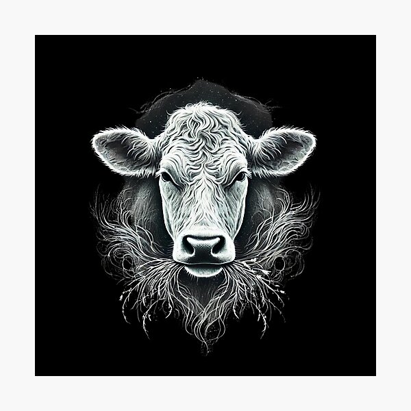 Item preview, Ethereal Monochrome Cow Eating Grass - Pastoral Serenity designed and sold by Blink Art Studio.