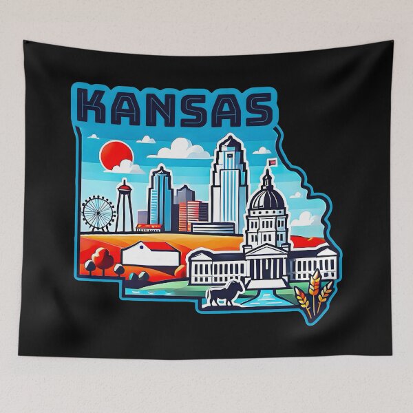 Item preview, Kansas State Map USA Skyline and Landmarks Illustration- travel souvenir art designed and sold by Unitepeople.