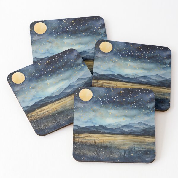 Item preview, Countryside view at night with moon - Acrylic landscape painting designed and sold by TheArtistOf2022.