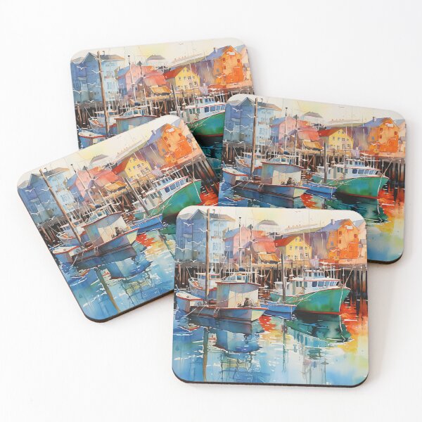 Item preview, Old boats in harbor at sunrise - Acrylic landscape painting designed and sold by TheArtistOf2022.