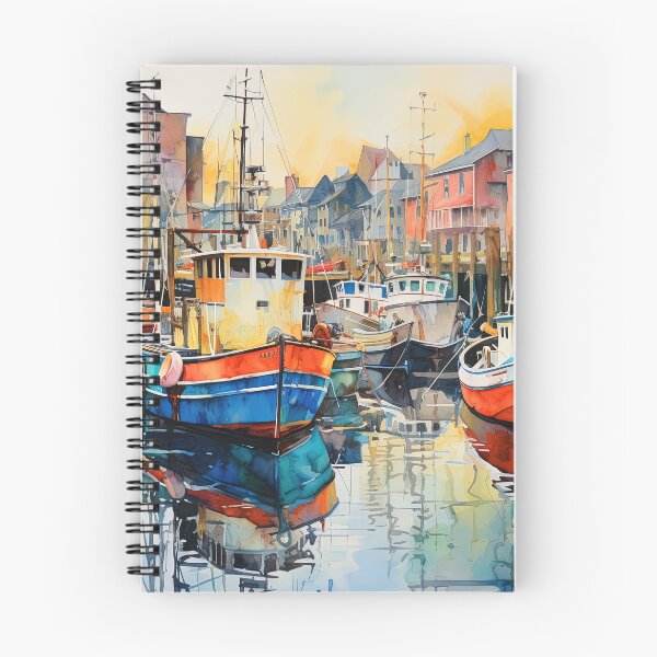 Item preview, Old boats in harbor at sunrise - Acrylic landscape painting designed and sold by TheArtistOf2022.
