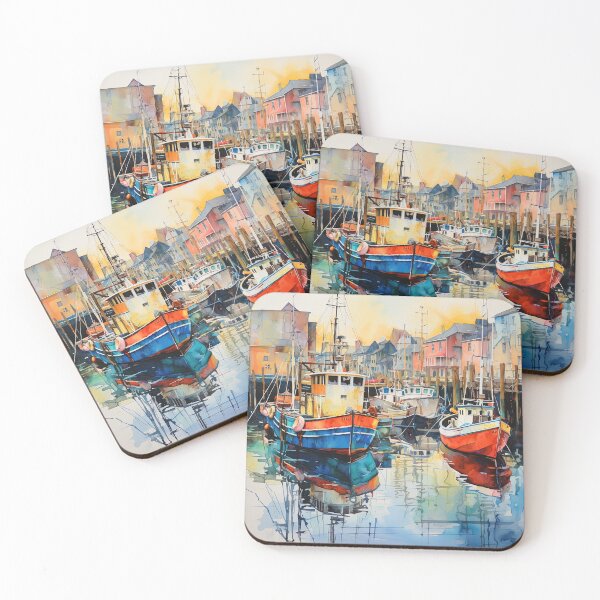 Item preview, Old boats in harbor at sunrise - Acrylic landscape painting designed and sold by TheArtistOf2022.