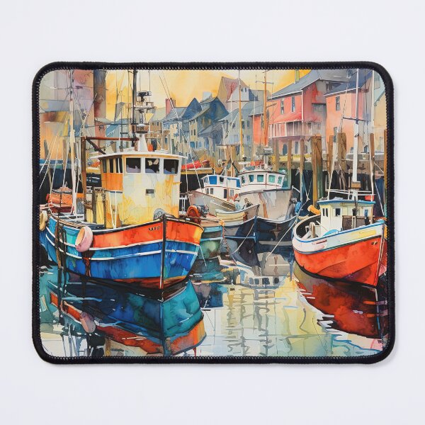 Item preview, Old boats in harbor at sunrise - Acrylic landscape painting designed and sold by TheArtistOf2022.