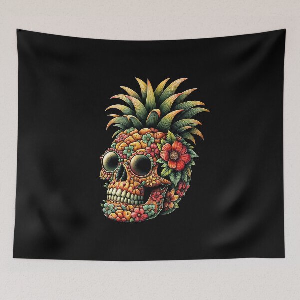 Item preview, Flower Shape Skull Tropical Summer Fruit Print, grunge sugar skull,Skull Pineapple, fruit summer Retro style designed and sold by Collagedream.