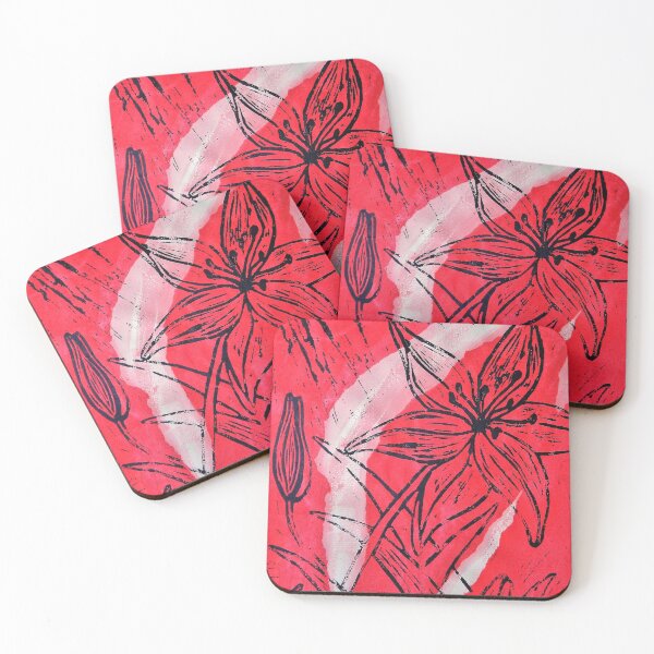 Item preview, Daylily on Red - Hand pulled linocut on collaged paper designed and sold by Jamie  Taylor.