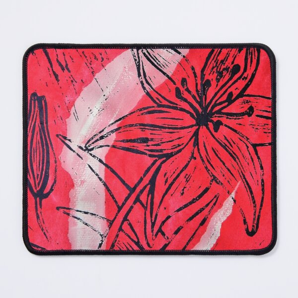 Item preview, Daylily on Red - Hand pulled linocut on collaged paper designed and sold by Jamie Taylor.