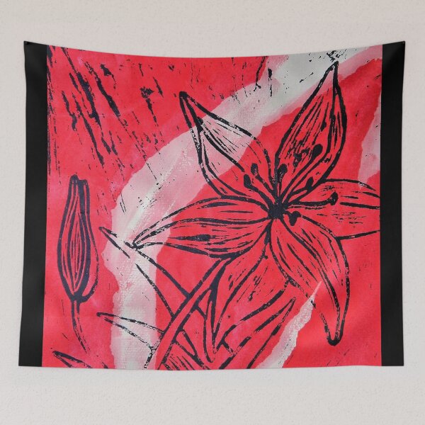 Item preview, Daylily on Red - Hand pulled linocut on collaged paper designed and sold by Jamie  Taylor.