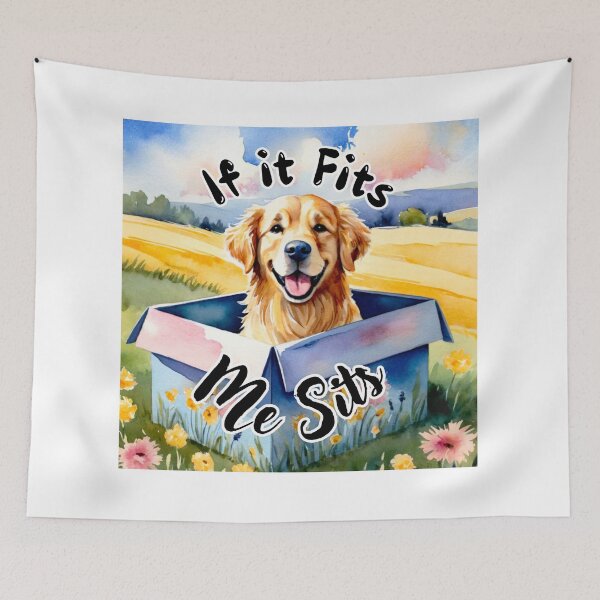 Item preview, Vintage Watercolor: Golden Retriever in Box - 'If It Fits, Me Sits' Funny Retro Art designed and sold by MyDearLion.