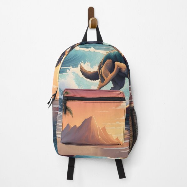 Item preview, dog riding the waves on a surfboard at sunset designed and sold by ArtsyWishesShop.