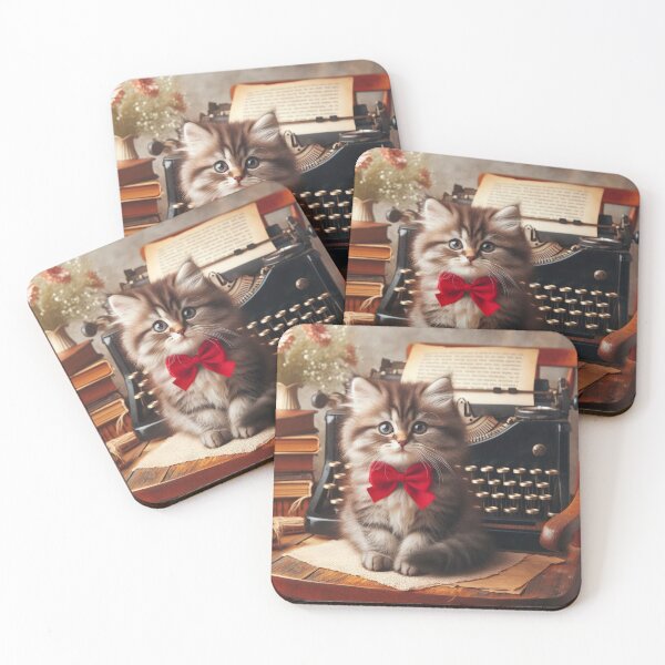 Item preview, vintage fluffy cute kitti wearing bow  with retro typewriter designed and sold by Expressions-Sel.