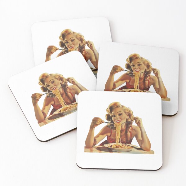 Aperçu de l'œuvre Fille blonde rétro mangeant des spaghettis créée et vendue par wildvibe.