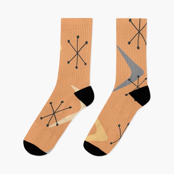 Item preview, Mid Century Boomerangs Starbursts Orange Gray designed and sold by thepixelgarden.