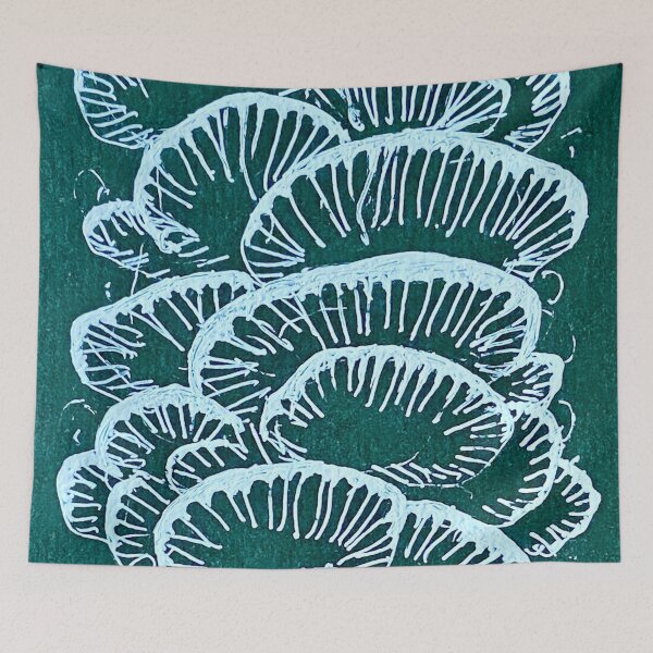 Item preview, Mushrooms - Pale green on teal designed and sold by fuschiaworks.