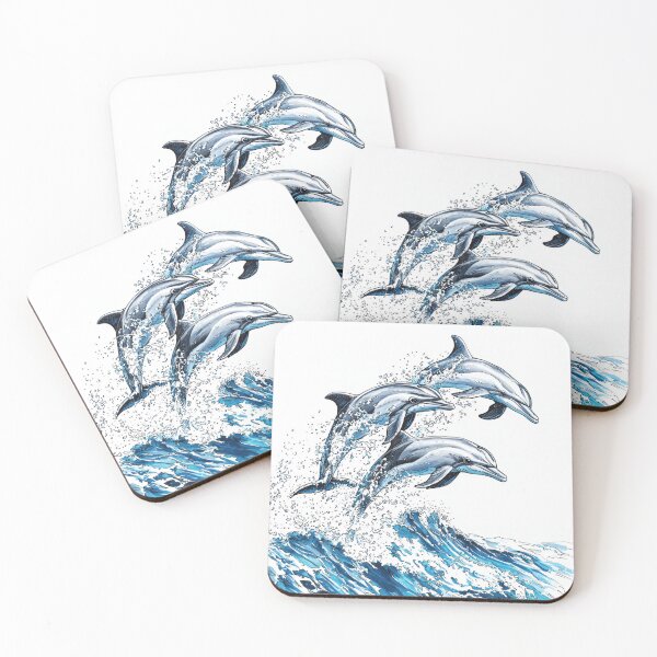 Item preview, Artistic Illustration of Dolphins Leaping Out of the Ocean designed and sold by PaintbrushPlace.