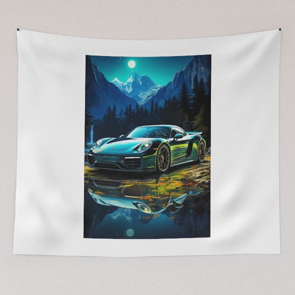 Item preview, Porsche Cayman, Midnight Majesty, High Performance Car Under Moonlit Peaks, Reflective Lake Art designed and sold by RevUpDesign.