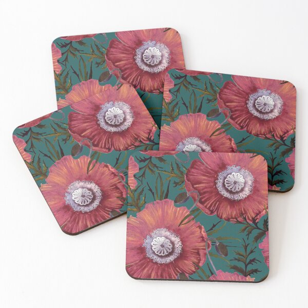 Item preview, Large dark pink poppy flowers, on a dark turquoise background designed and sold by Alex  Blud.