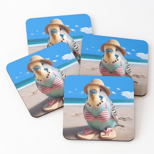 Item preview, Beachy Budgie Babe: Tropical Parakeet in Bikini, Hat, and Sandals designed and sold by Expathers.