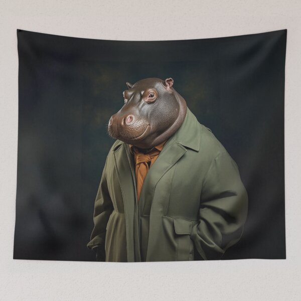 Item preview, Dapper Hippo in Olive Overcoat designed and sold by Sillytoe.