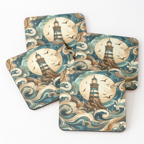 Item preview, Lighthouse and waves in watercolor style: A harmonious interplay of blue, brown and gold designed and sold by FotoworldEdel.