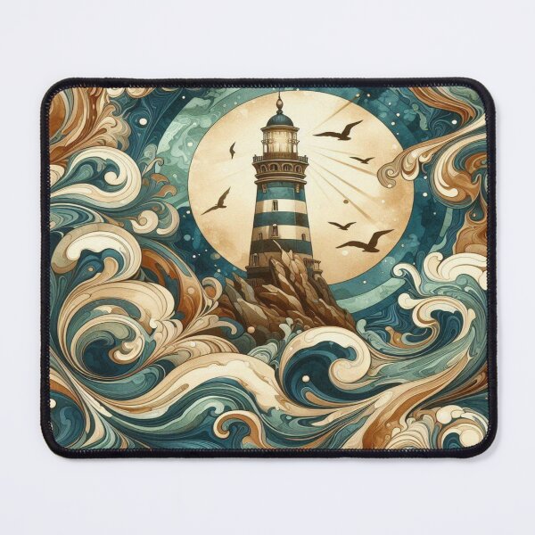 Item preview, Lighthouse and waves in watercolor style: A harmonious interplay of blue, brown and gold designed and sold by FotoworldEdel.