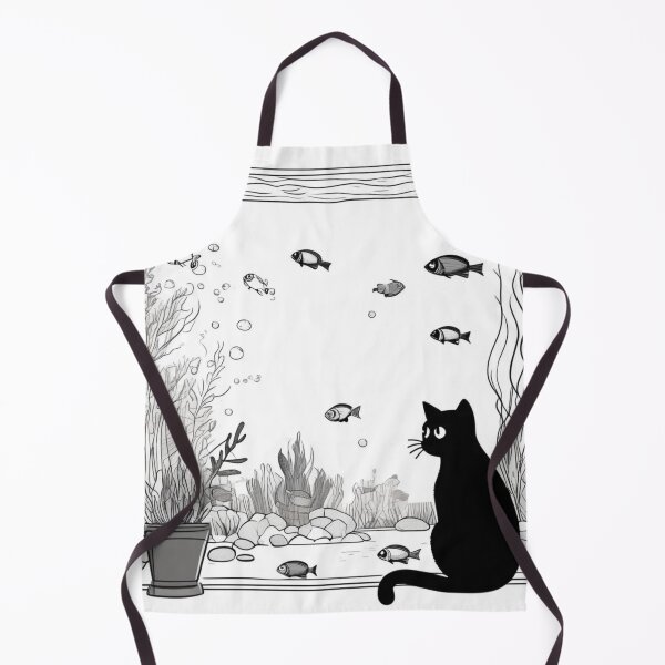 Item preview, cartoon drawing, black cat watching fish in aquarium designed and sold by OxiSkor.