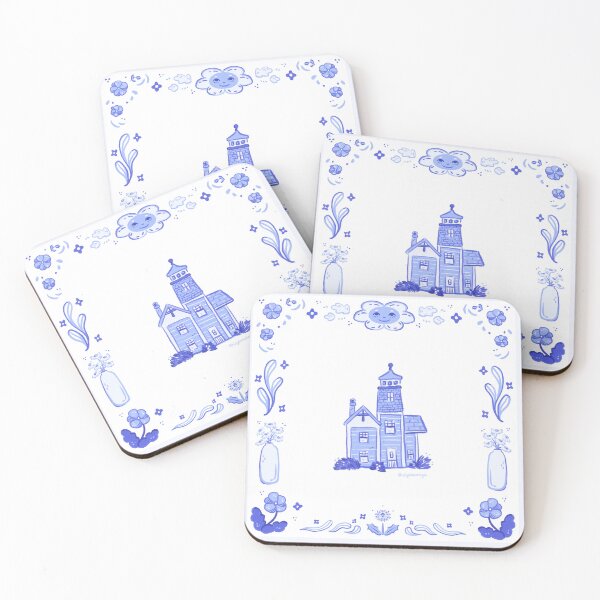 Item preview, Ceramic tile of a House with lighhouse tower blue monochromatic landscape, ceramic inspired  designed and sold by rizdrawings.