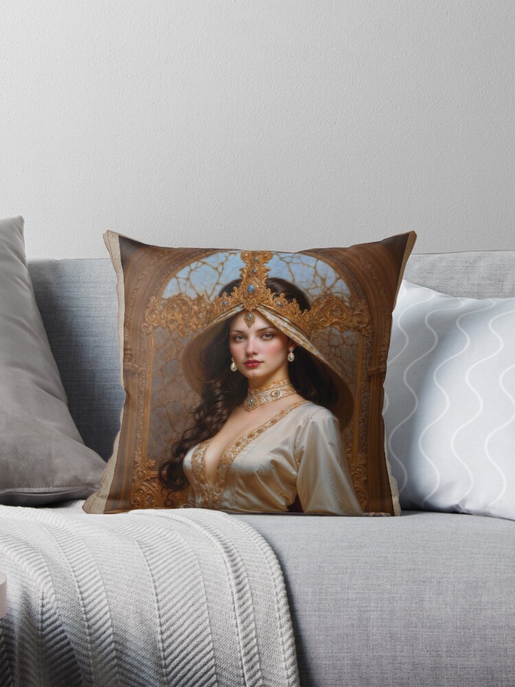Medieval Portrait Of Lady Lancer Wearing A Golden Crown Enchanting AI Concept Art by Xzendor7 Decorative Art Print Throw Pillow