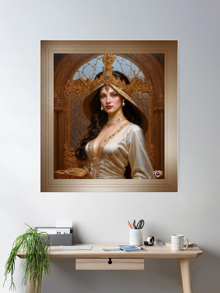 Medieval Portrait Of Lady Lancer Wearing A Golden Crown Enchanting AI Concept Art by Xzendor7 Wall Decor Poster Art Print
