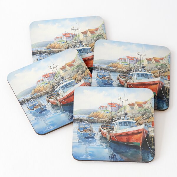Item preview, Old boats in harbor at sunrise - Acrylic landscape painting designed and sold by TheArtistOf2022.
