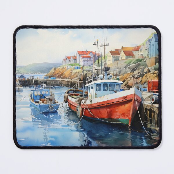 Item preview, Old boats in harbor at sunrise - Acrylic landscape painting designed and sold by TheArtistOf2022.