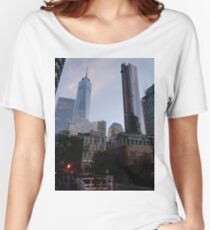 #Chambers, #Happiness, #Building, #Skyscraper, #NewYork, #Manhattan, #Street, #Pedestrians, #Cars, #Towers, #morning, #trees, #subway, #station, #Spring, #flowers, #Brooklyn  Women's Relaxed Fit T-Shirt