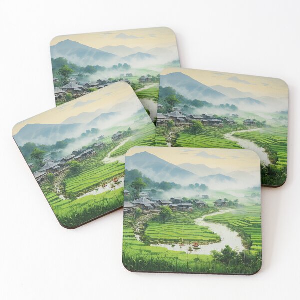 Item preview, Vietnam fields and houses on hills at sunrise - Landscape painting designed and sold by TheArtistOf2022.