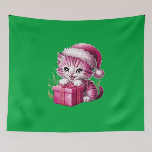 Item preview, Pink Christmas Kitty Playing With Present | Green designed and sold by PinkGoddessLove.