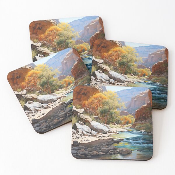Item preview, Grand Canyon river scene with autumn trees at sunset - Landscape painting designed and sold by TheArtistOf2022.