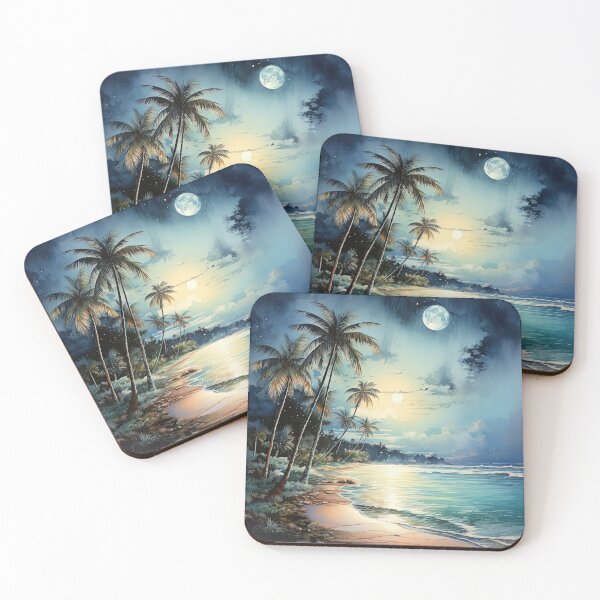Item preview, Sandy beach Ocean view at night with moon - Acrylic wildlife painting designed and sold by TheArtistOf2022.