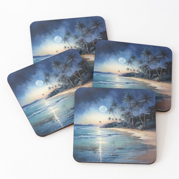 Item preview, Sandy beach Ocean view at night with moon - Acrylic wildlife painting designed and sold by TheArtistOf2022.
