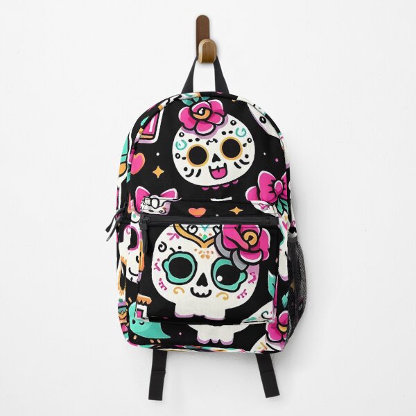 Item preview, kawaii Sugar Skull pattern black background designed and sold by LittleBabyStyle.