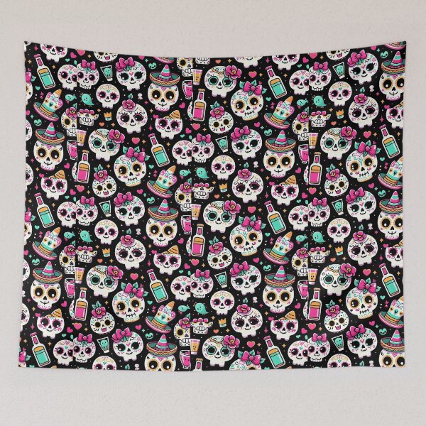 Item preview, kawaii Sugar Skull pattern black background  designed and sold by LittleBabyStyle.