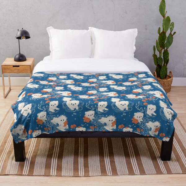 Item preview, White fluffy puppies playing in water with orange flowers on a deep blue background. designed and sold by ColorfulStyle.