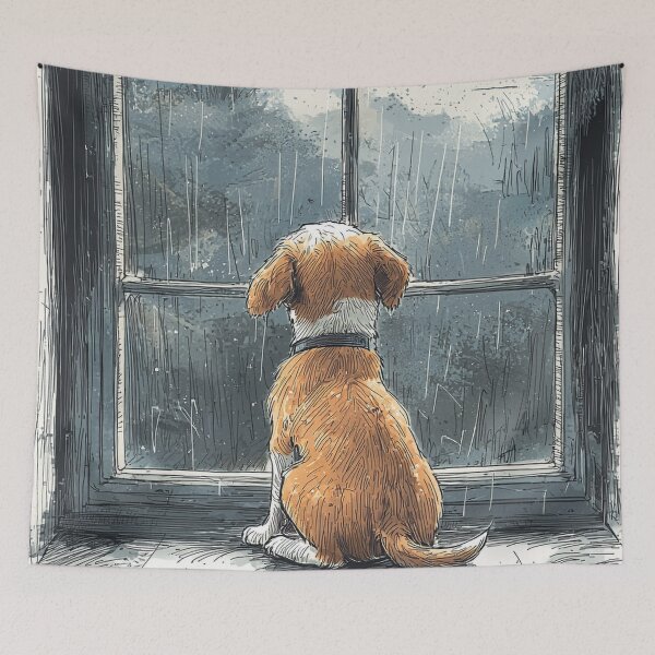 Item preview, Rainy Day Puppy by the Window - Intricate Pen Illustration designed and sold by PaintbrushPlace.