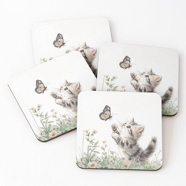 Item preview, Intricate Pen Illustration of Fluffy Kitten Playing with Butterfly designed and sold by PaintbrushPlace.