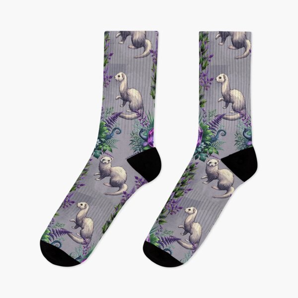 Item preview, Fantasy Realism Ferret and Amethyst Gemstone Botanical Pattern designed and sold by CritterManiaUK.