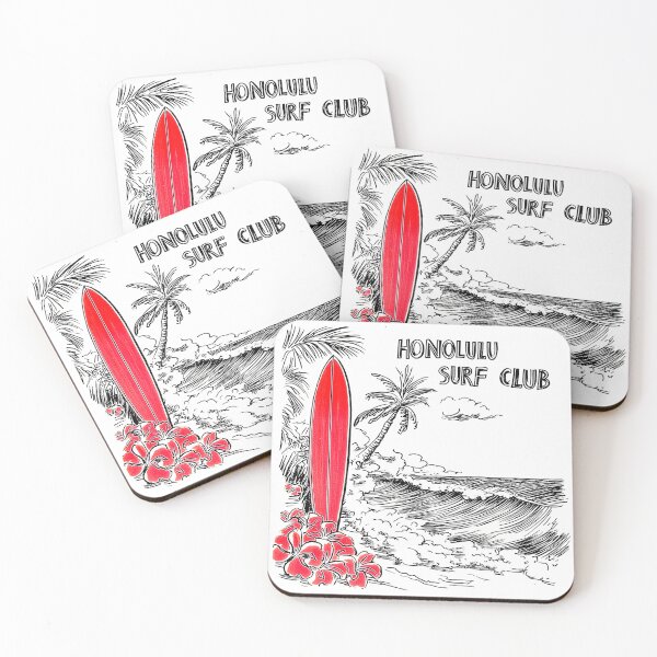 Item preview, Honolulu Surf Club - Sketch Drawing Beach Art with Palm Trees, Red Longboard, and Flowers designed and sold by YardWest.