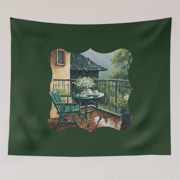Item preview, Peace of Green: Tea Time on a Wooden Balcony designed and sold by Diclebaybas.