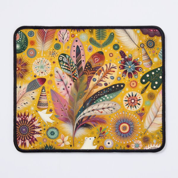 Item preview, Scandinavian Folk Art feathers burgundy yellow and green designed and sold by FOLK ART FUSION.