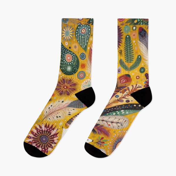 Item preview, Scandinavian Folk Art feathers burgundy yellow and green designed and sold by FOLK ART FUSION.