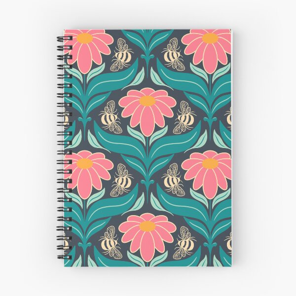 Item preview, Bees Flower Reddish Pink on Dark Blue designed and sold by Guided by Light Art.