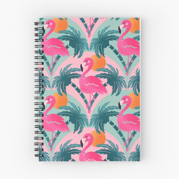 Aperçu de l'œuvre Flamant rose et palmiers sur motif rose et bleu vert créée et vendue par Guided by Light Art.