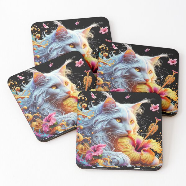Item preview, Celestial Lunar Cat with Vibrant Hibiscus Flower 4K Wallpaper designed and sold by Keirnyx.
